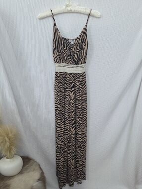 Beige & Black Zebra-Print Spaghetti Strap Jumpsuit